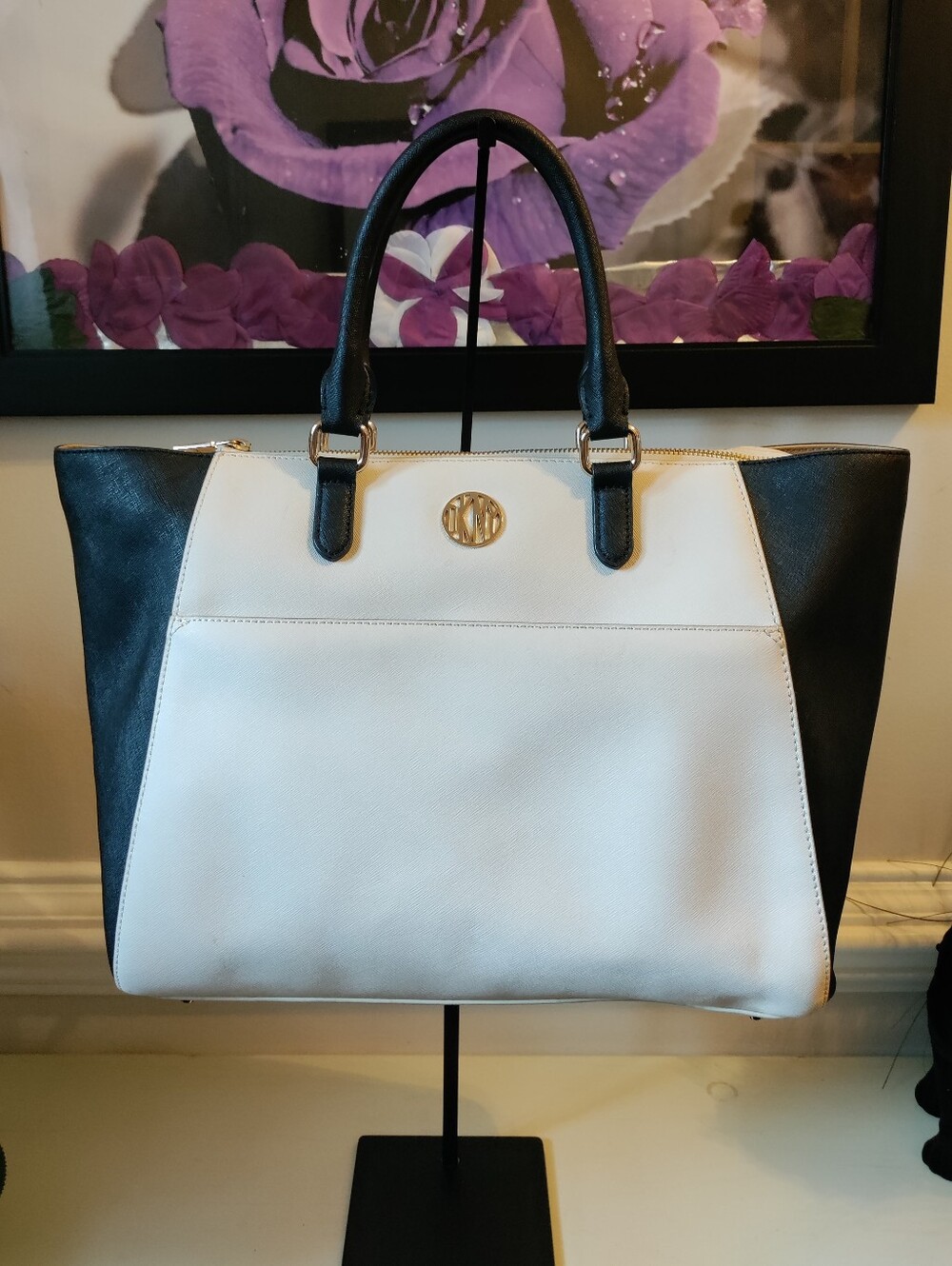 Donna Karan New York Colorblock Leather Saffiano Tote Bag- Black & White